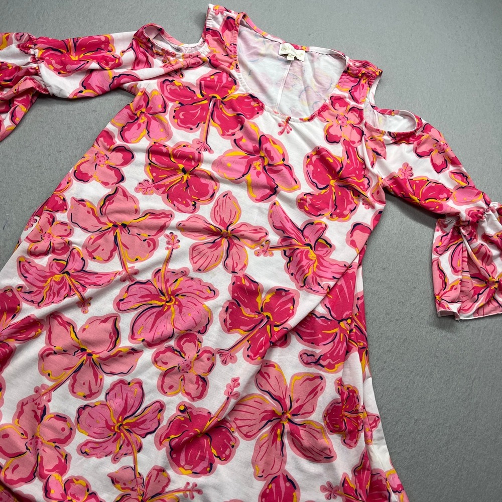 Simply Southern Pink Hibiscus Floral Cold Shoulder Dress‎ S Pockets Tassel Hem
